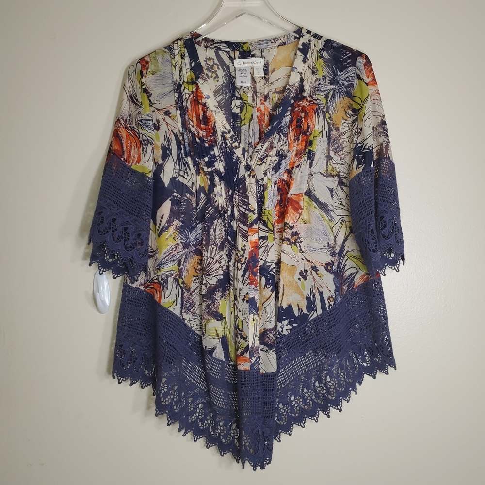 Coldwater 100% Silk Blouse Bold Blue Crochet Sleeves & Hem